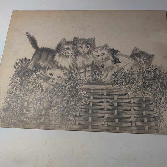Pencil Sketch of a basket of kittens by artist signed, Esther 1949. - Picture 2 of 8